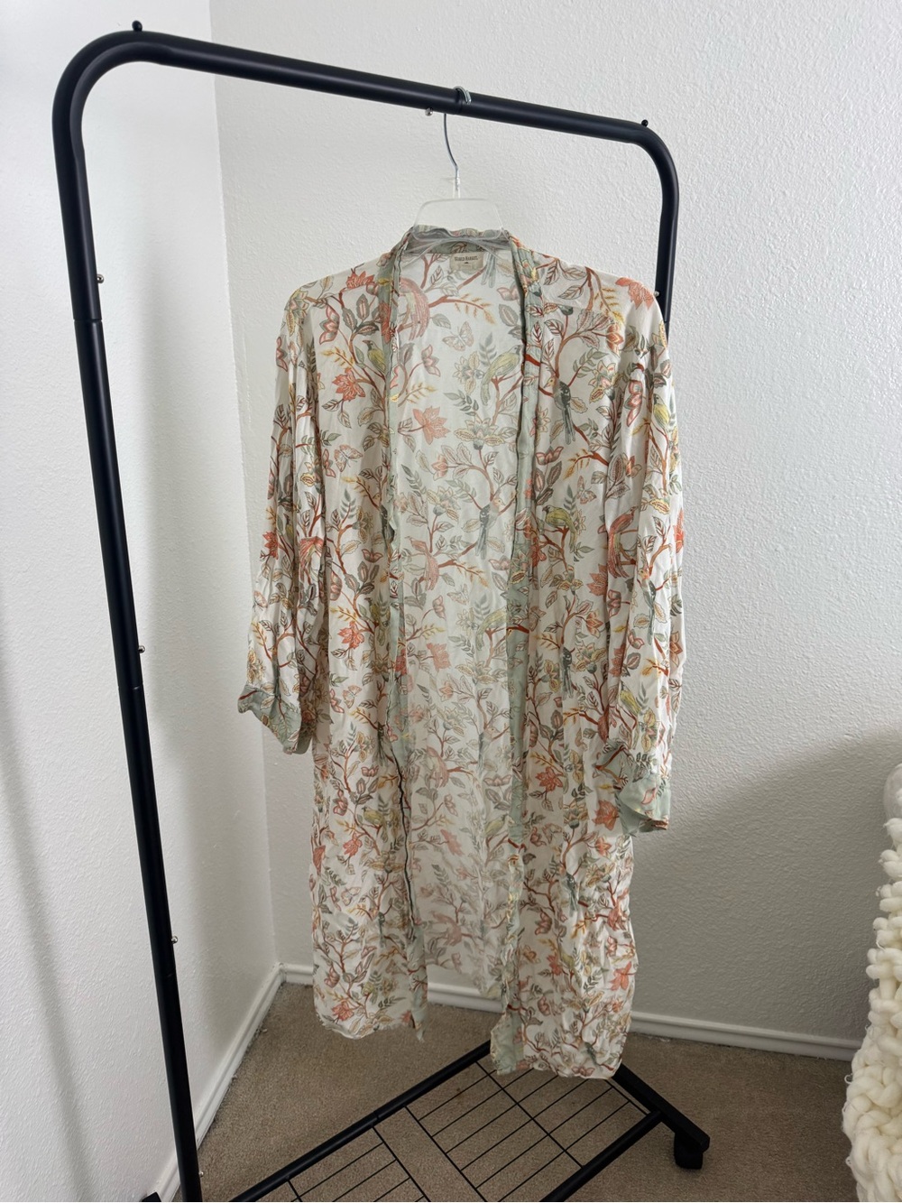 Floral Sheer Kimono Robe - Cream with Peach & Sage